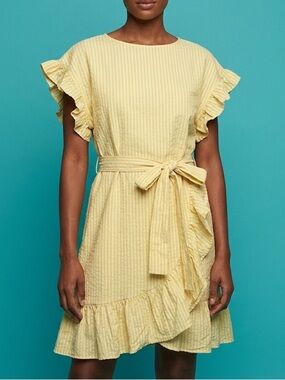 Joe Fresh x Jillian Harris Sunshine Ruffle Dress Yellow Striped Size Small Linen
